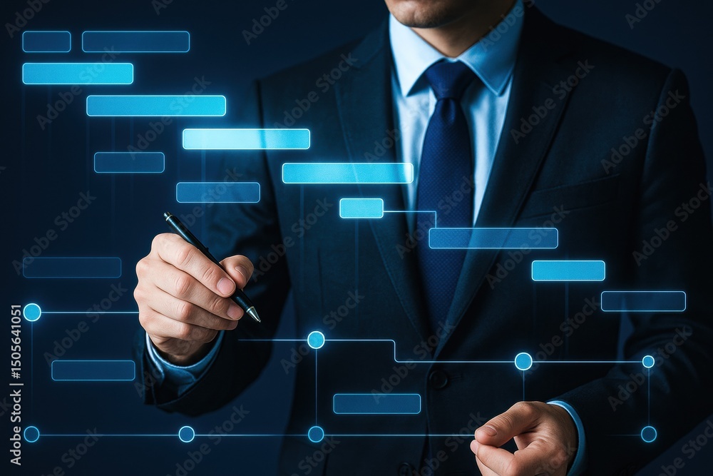 Poster a businessman uses strategic planning and decision-making skills to analyze a project timeline promo
