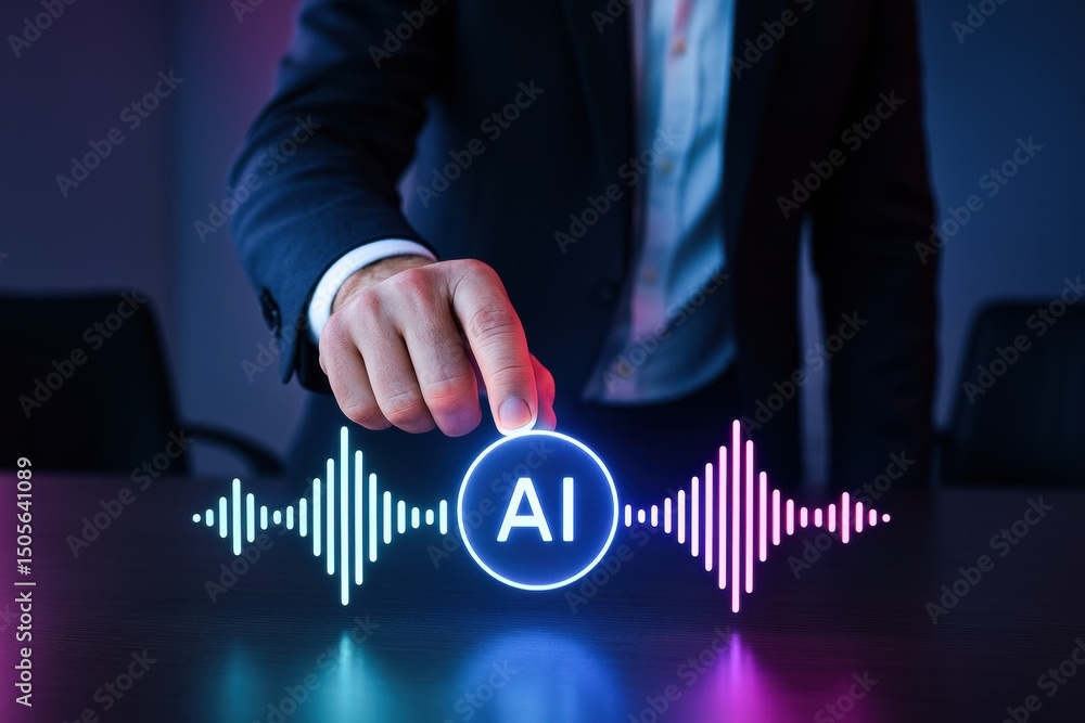 Poster a business professional interacts with an ai interface symbolizing innovation and strategy emphasizi