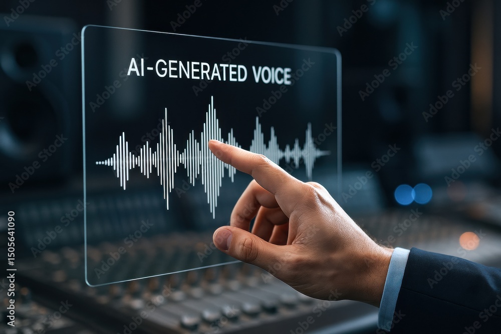 Poster a professional interacts with a digital interface displaying ai-generated voice spectrograms symboli