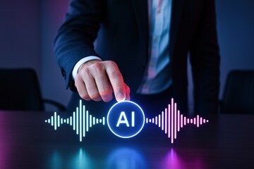 A business professional interacts with an AI interface symbolizing innovation and strategy emphasizing decision making and growth in a high-tech environment