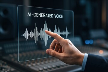 A professional interacts with a digital interface displaying AI-generated voice spectrograms symbolizing innovation strategy and decision-making in business communication
