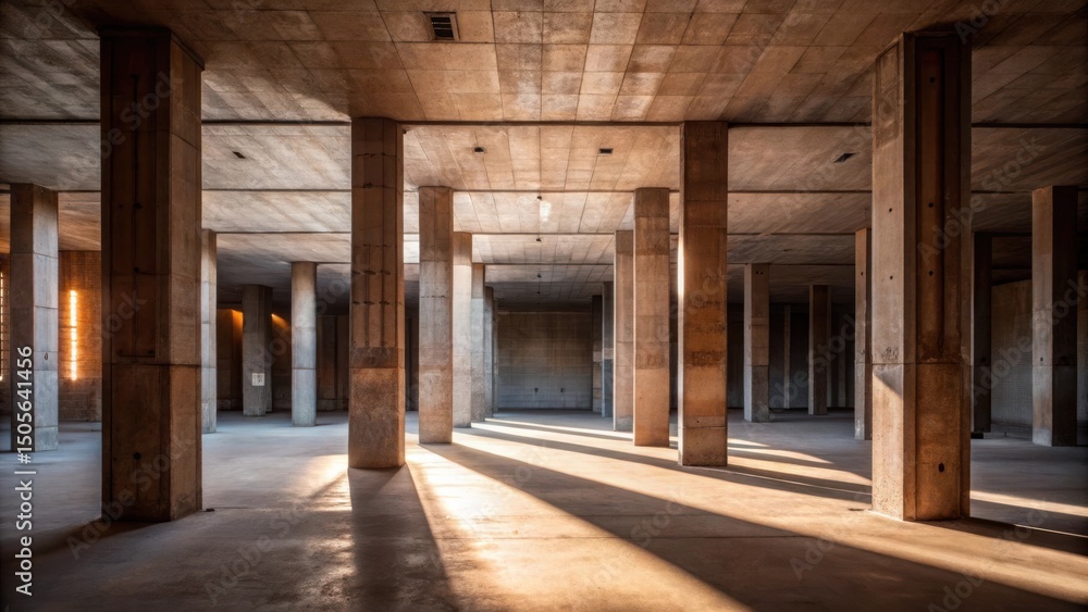Poster sunlight streams through a concrete structure, casting long shadows across the dusty floor of an emp