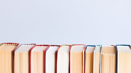 A row of books with visible spines, featuring different colors and textures.