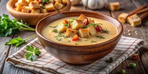 Creamy vegetable soup with fresh bread croutons and a sprinkle of herbs on top, served in a warm and cozy bowl, homemade fresh meal, organic vegan food
