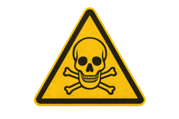 Skull and crossbones showing danger on yellow triangular sign with transparent background