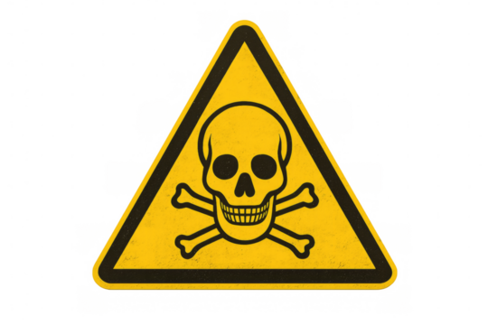 Skull and crossbones showing danger on yellow triangular sign with transparent background