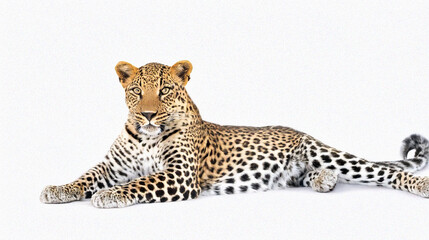 Fototapeta premium A leopard lying on its side, with a spotted coat, relaxed posture, and a calm expression.