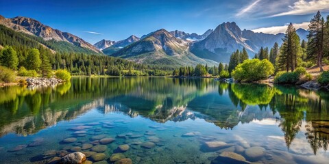 Serene lake scene at Bishop Lake with surrounding mountains and trees, calmness, water