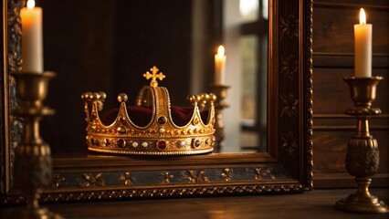 A "magnificent golden crown, adorned with red and clear gemstones, is placed on a highly polished, ornate wooden or gilded surface that reflects its splendor"
