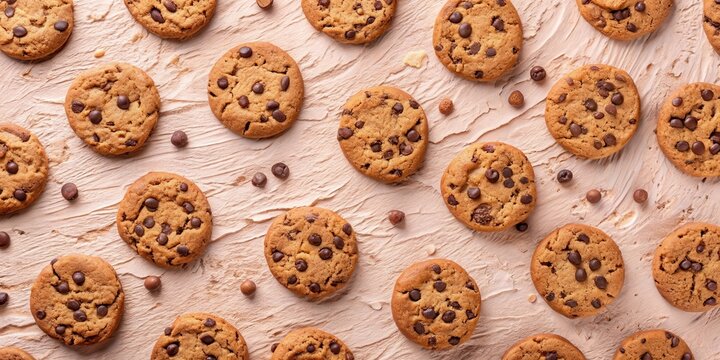 Fresh chocolate chip cookies with a scattered pattern on a soft pink background, surrounded by natural textures and subtle imperfections , baked goods, home baking - Powered by Adobe