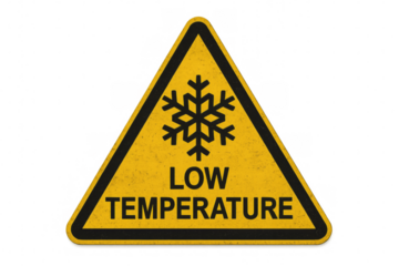Yellow triangular low temperature warning sign with snowflake symbol on transparent background