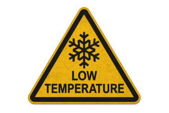 Yellow triangular low temperature warning sign with snowflake symbol on transparent background