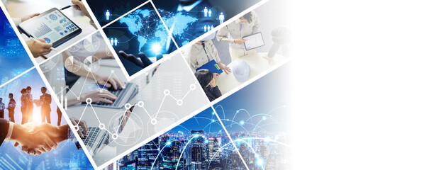 Collage of various business concepts. Wide angle visual for banners or advertisements.