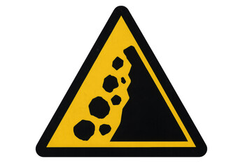 Falling rocks warning sign on transparent background