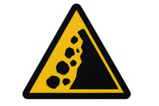 Falling rocks warning sign on transparent background