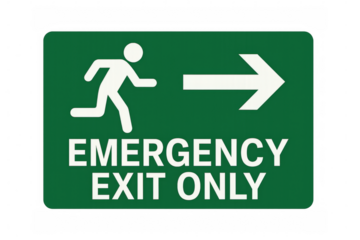 Emergency exit only sign showing running person and arrow on transparent background