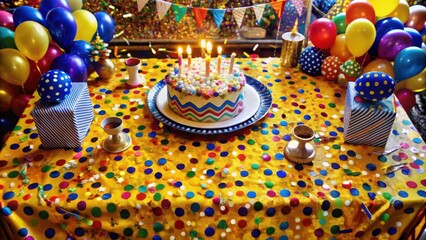 A cheerful birthday celebration with colorful balloons, confetti, and a cake with lit candles, creating a festive atmosphere.