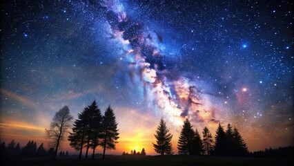 Fototapeta premium Darkening night sky with vibrant stars above a serene landscape featuring silhouetted trees standing tall under twinkling lights of a guiding star, night sky, serene