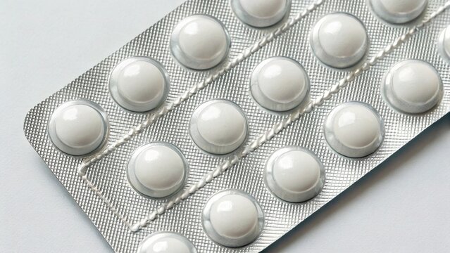 A close-up view of a silver blister pack containing multiple round, white pills, possibly Levocetirizine Hydrochloride & Montelukast Sodium or blister tablet packaging, arranged in neat rows against 