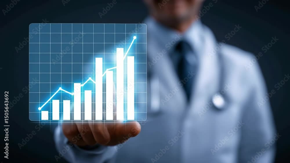 Poster a doctor in a lab coat interacts with a virtual graph showing upward growth and data analysis.