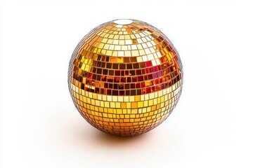 Shiny disco ball with golden mirror tiles reflecting light on white background