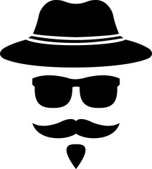 Gentleman icon. Man wears glasses with hat and mustache black vector design. Secret agent icon in a hat and glasses mustache isolated on transparent background. Vector illustration.