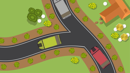 top view flat of golf cart car vehicle and park garden