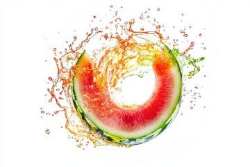Watermelon slice with splashing juice in vibrant colors on white background