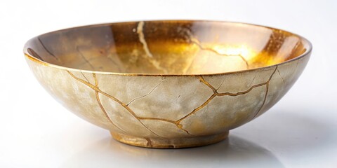 Handmade antique beige Japanese kintsugi ceramic bowl with gold lacquer repair on a cracked surface, repair, beige,  repair