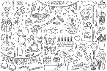 A vibrant and playful illustration brimming with delightful birthdaythemed doodles, ideal for any joyous celebration