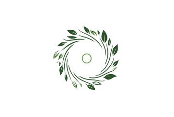 Fototapeta premium Abstract Green Leaves Swirling Around a Central Circle on White Background. minimalist vector icon logo