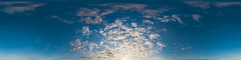 360 panorama of glowing sunset sky with bright pink Cumulus clouds. HDR 360 seamless spherical panorama. Full zenith or sky dome sky replacement for aerial drone panoramas. Climate and weather change.