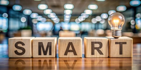 Wooden blocks with SMART letters lit up by glowing light bulbs in a modern office setting, block, letters,  block, letters