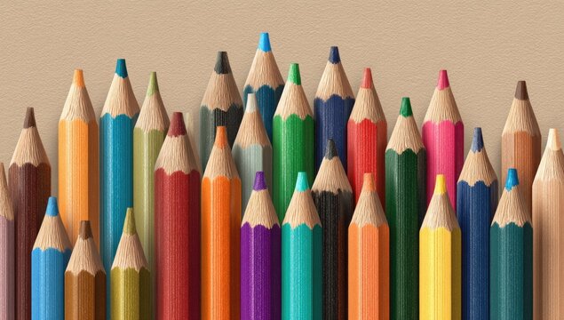 Colorful pencils in a row.  Close-up view of sharpened pencils in various colors