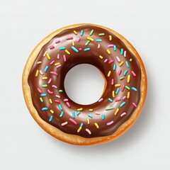 A chocolate-glazed donut, topped with colorful sprinkles, is shown from a top-down perspective against a white background, casting a subtle shadow