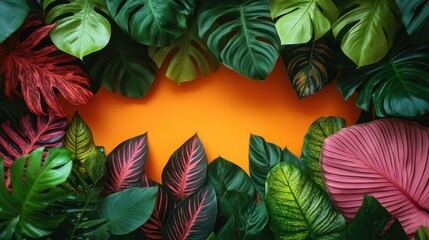 Vibrant Tropical Leaves Frame with Bright Orange Background