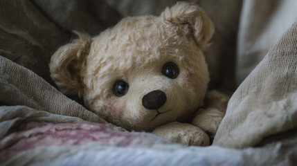 A vintage teddy bear with black eyes and a brown nose, partially covered by a soft fabric, lying on a bed.