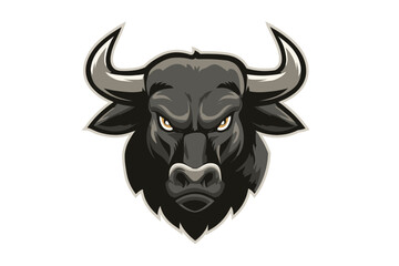 Obraz premium Pixel Art Bull Head: Powerful Gray Bull with Sharp Horns. minimalist vector icon logo
