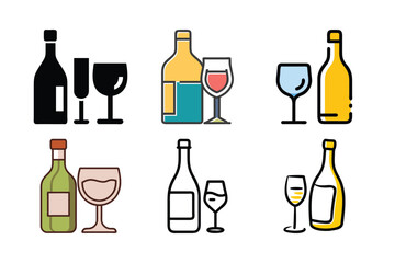 Wine Bottle and Glass Icons Vector Set in Various Styles

