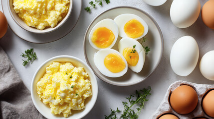 Scrambled eggs and soft-boiled eggs served in bowls and plates with fresh brown and white eggs on white background garnished with herbs