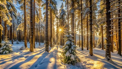 Warm sunlight filtering through the dense canopy of a snowy forest