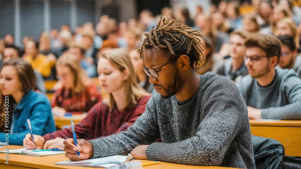 Poster University students attentively listening and taking notes during a lecture in a crowded classroom.