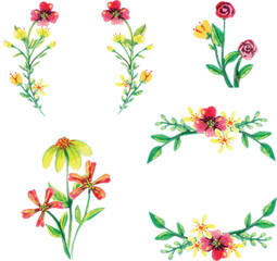 Bright Watercolor Flower Clusters and wreaths Collection, Colorful watercolor illustrations of flower clusters in vibrant red, yellow, and pink tones with green leaves, hand-painted and isolated