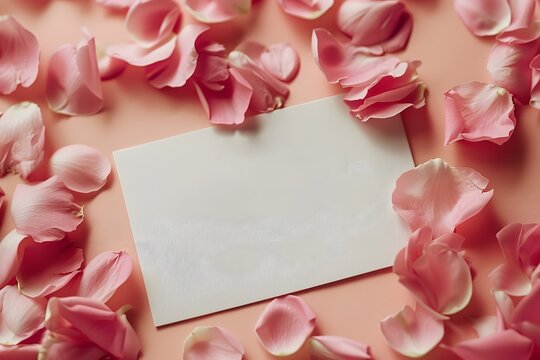 Delicate pink flower petals are scattered around a blank white card on a soft pastel background. This setup creates an inviting space for heartfelt messages or special notes