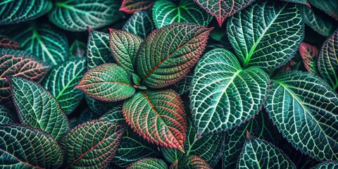 Dark green leafy foliage with intricate venation and reddish tint , plant, green