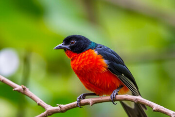 Fototapeta premium Striking Crimson-Collared Tanager Perched on a Tree Branch, Displaying Its Vivid Red and Black Plumage in a Lush Natural Setting, Vibrant Wallpaper