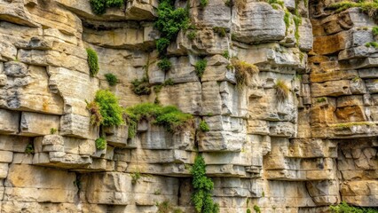 Close-up of weathered limestone rock face with intricate erosion patterns and moss growth, erosion, landscape