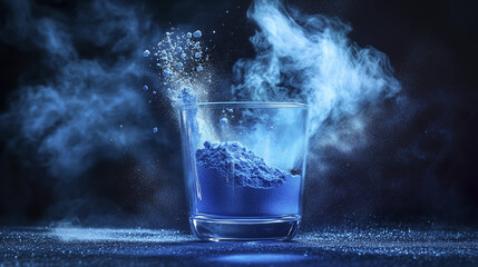 A glass of blue powder with smoke and particles flying around, creating a dynamic and vibrant effect.