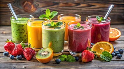 Refreshing fruit smoothies in colorful glasses with fresh fruits and a spoon , fruit juice