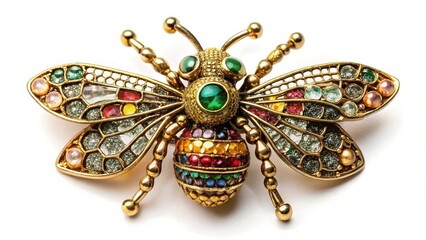 Fototapeta premium A metallic brooch in the shape of a bee with intricate details and sparkling imitation gemstones adorns the garment of a insect-inspired fashion design , insects, metal accessories